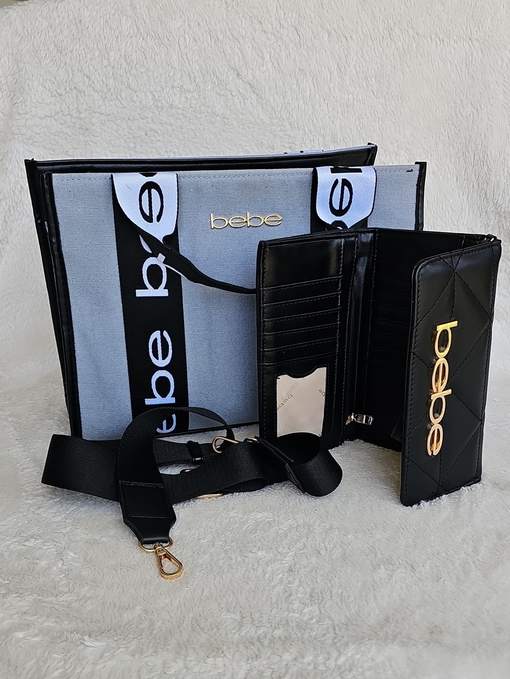 bebe Grey Canvas Tote Bag Set with Black Wallet & Logo Crossbody Strap